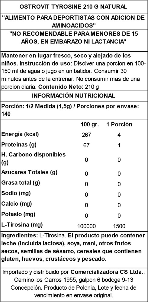 L Tirosina Tyrosine 210grs Polvo Ostrovit  Sin Sabor