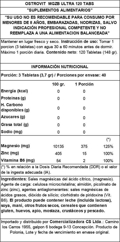 Ostrovit Mgzb Ultra Magnesio 120 Tabletas Frasco