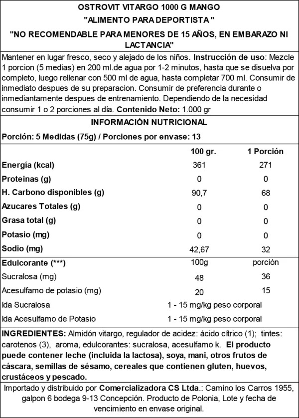 Ostrovit Vitargo 1000g Polvo Mango - Suplemento