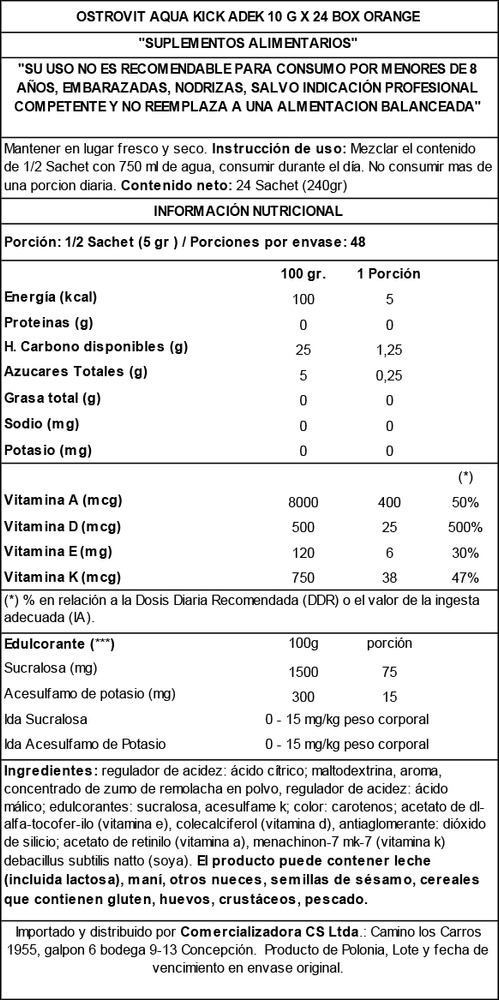 Aqua Kick Vitaminas En Sobre - Suplemento Sabor Orange