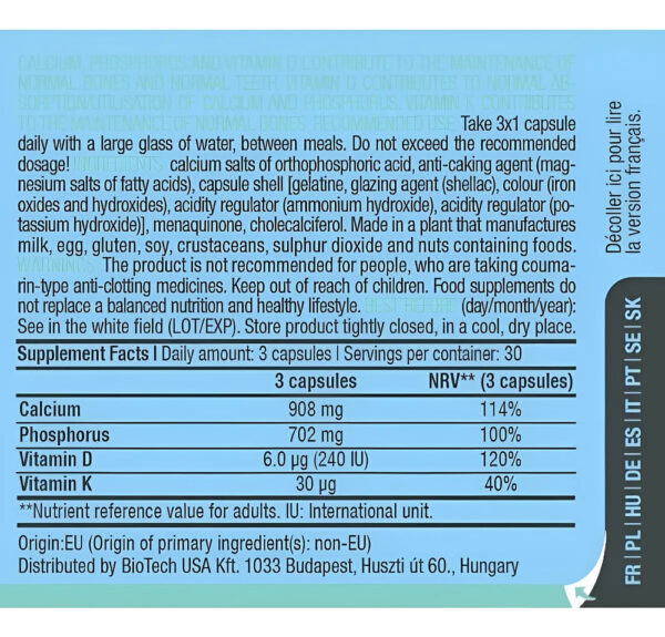 Vitamina D3 + K2 + Calcio (ca D3 K2) Biotechusa - 90 Capsula Sin Sabor